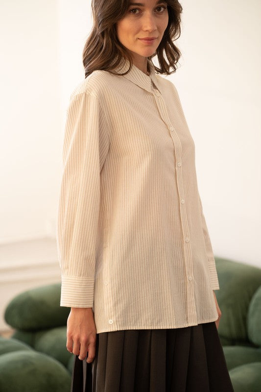 COTTON BUTTON DOWN TOP--BEIGE STRIPE