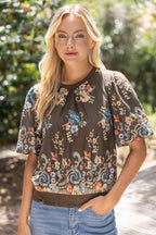 FLORAL EMROIDERED BOARDER TOP--BROWN