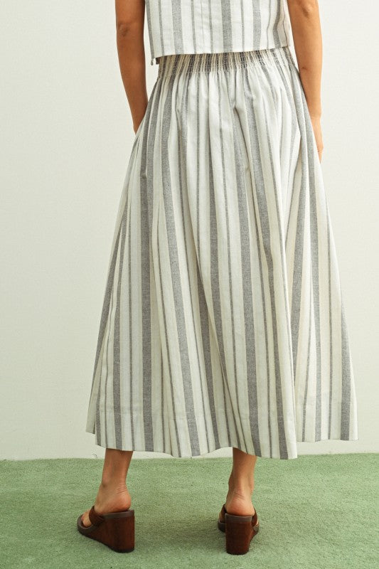 STRIPE SMOCK WAIST SKIRT--BLACK/OATMEAL