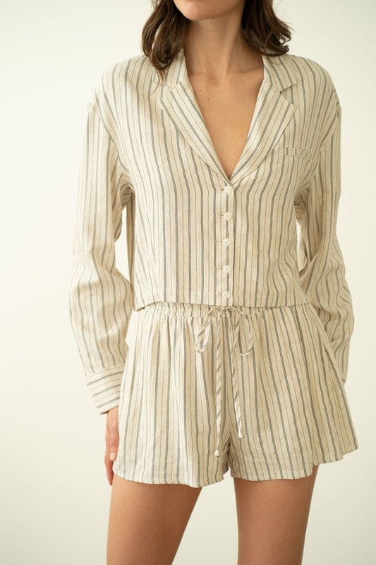 BUTTON UP CROPPED LINEN JACKET--IVORY STRIPE