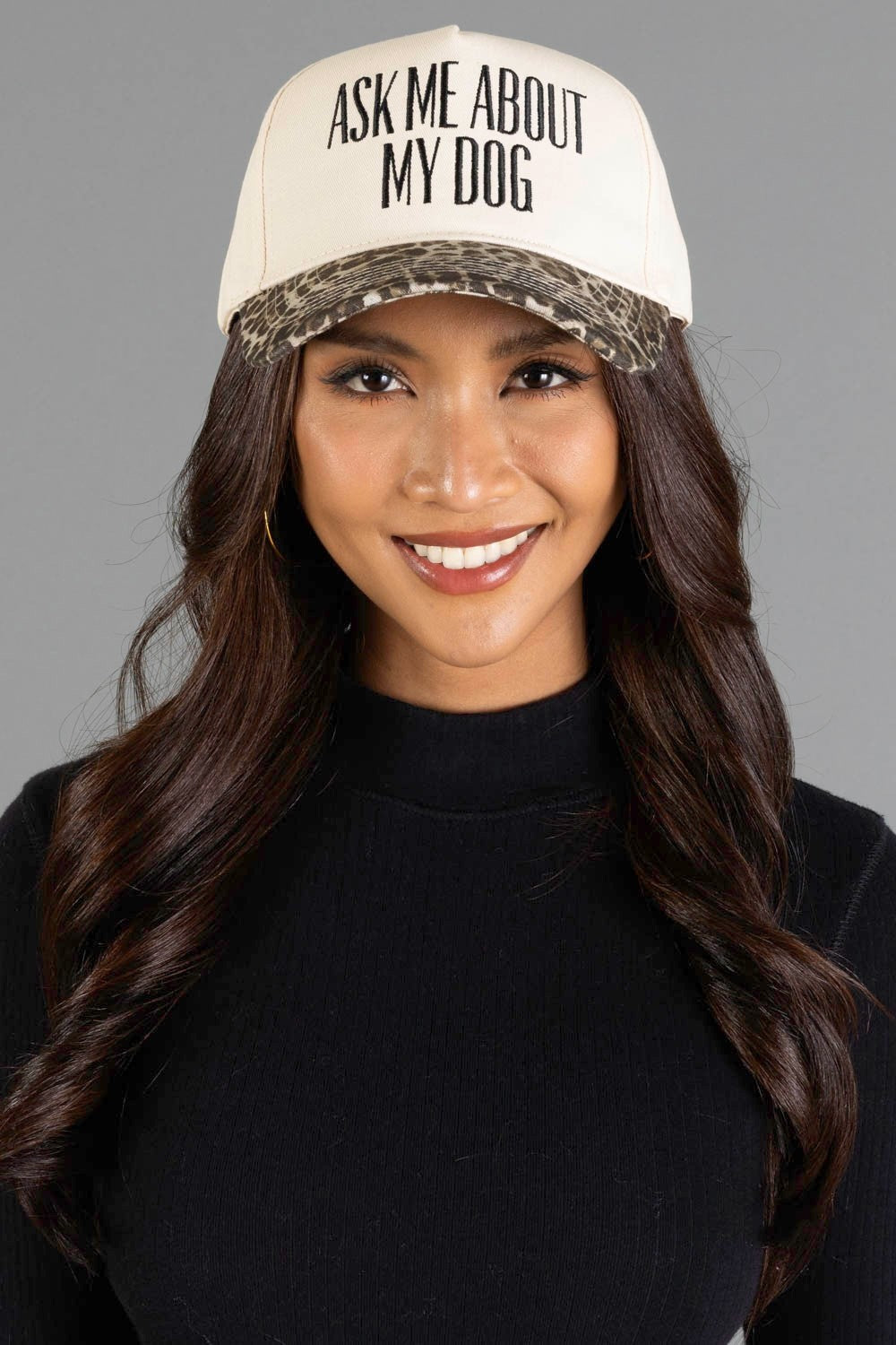 ASK ME ABOUT MY DOG LEOPARD/IVORY TRUCKER HAT