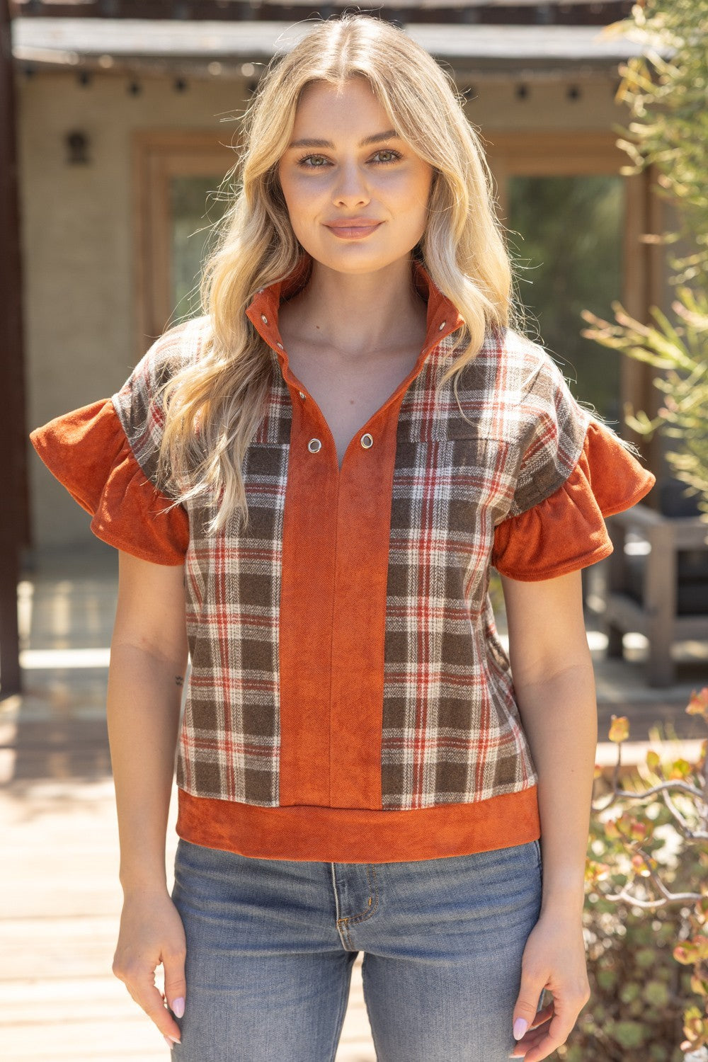 SUEDE CONTRAST PLAID TOP--RUST MIX