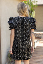 RUCHED HALF SLEEVE FLORAL EMBROIDERED DRESS--BLACK