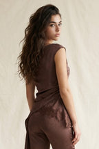 ASYMMETRIC SATIN TOP WITH LACE TRIM--BROWN